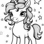 Unicorn with striped mane and stars coloring page