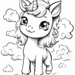 Smiling unicorn with clouds coloring page