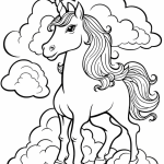 Elegant unicorn on clouds coloring page