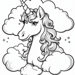 Unicorn head portrait in clouds coloring page