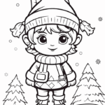 Elf girl with backpack in snow coloring page