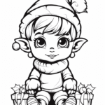 Sitting elf girl with gifts coloring page