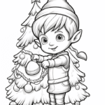 Elf decorating Christmas tree coloring page