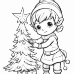 Elf girl with star-topped tree coloring page