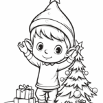 Waving elf with Christmas tree coloring page