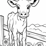 Calf by fence with daisies coloring page