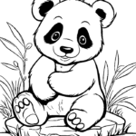 Baby panda sitting on a rock with bamboo coloring page