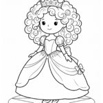 Chibi princess with curly hair and crown coloring page