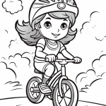 Girl riding bike in clouds coloring page
