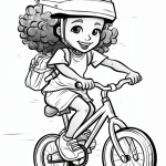 Girl with backpack riding bike coloring page