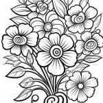 Dense bouquet of spiral-centered blossoms coloring page
