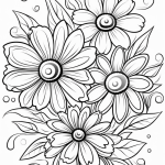 Four large daisies with swirling leaves coloring page