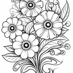 Five blossoms with decorative ring centers coloring page
