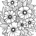 Six round flowers with swirling foliage coloring page