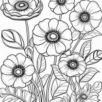 Six anemone flowers with ringed centers coloring page