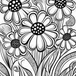 Stylized daisies with art-nouveau leaves coloring page