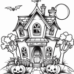 Haunted house with bats and moon coloring page