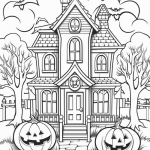 Victorian haunted house with pumpkins coloring page