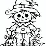 Cute scarecrow with pumpkin coloring page