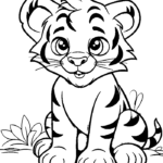 Tiger cub sitting with leaves coloring page