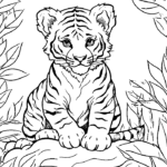 Tiger cub in jungle leaves coloring page