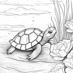Realistic turtle in pond with water lilies coloring page