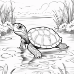 Realistic turtle wading in pond coloring page