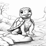 Cute baby turtle on a rock by stream coloring page