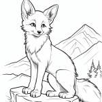 Fox on a rocky ledge with mountains coloring page