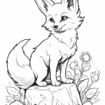 Fox on a rock with daisies coloring page