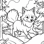 Fox trotting through a pine forest coloring page