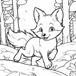 Happy fox kit running in the woods coloring page