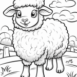 Cute cartoon sheep in a sunny pasture coloring page