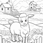 Lamb in a flower meadow with farm buildings coloring page