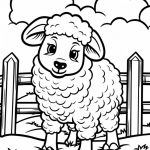 Smiling lamb by a fence coloring page