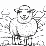 Smiling sheep with mountains coloring page