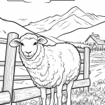 Sheep by a farm fence with farmhouse coloring page