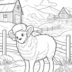Lamb on a farm with barns coloring page