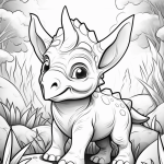 Baby triceratops in a prehistoric landscape coloring page