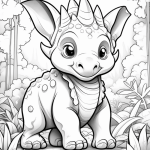 Baby triceratops in a forest coloring page