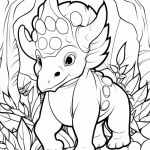 Baby triceratops among jungle leaves coloring page
