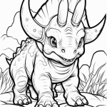 Baby triceratops with big horns on rocks coloring page