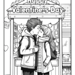 Couple kissing under a Happy Valentine's Day shop awning coloring page