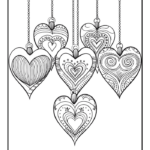 Hanging decorative zentangle hearts coloring page