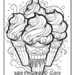 Three soft-serve ice cream cones coloring page