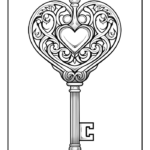 Ornate vintage key with heart-shaped filigree coloring page