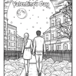 Couple holding hands walking under a full moon coloring page