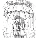 Couple hugging under an umbrella in the rain coloring page