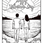 Couple holding hands looking at a lake sunset coloring page