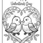 Two lovebirds beak to beak in a heart-shaped floral frame coloring page